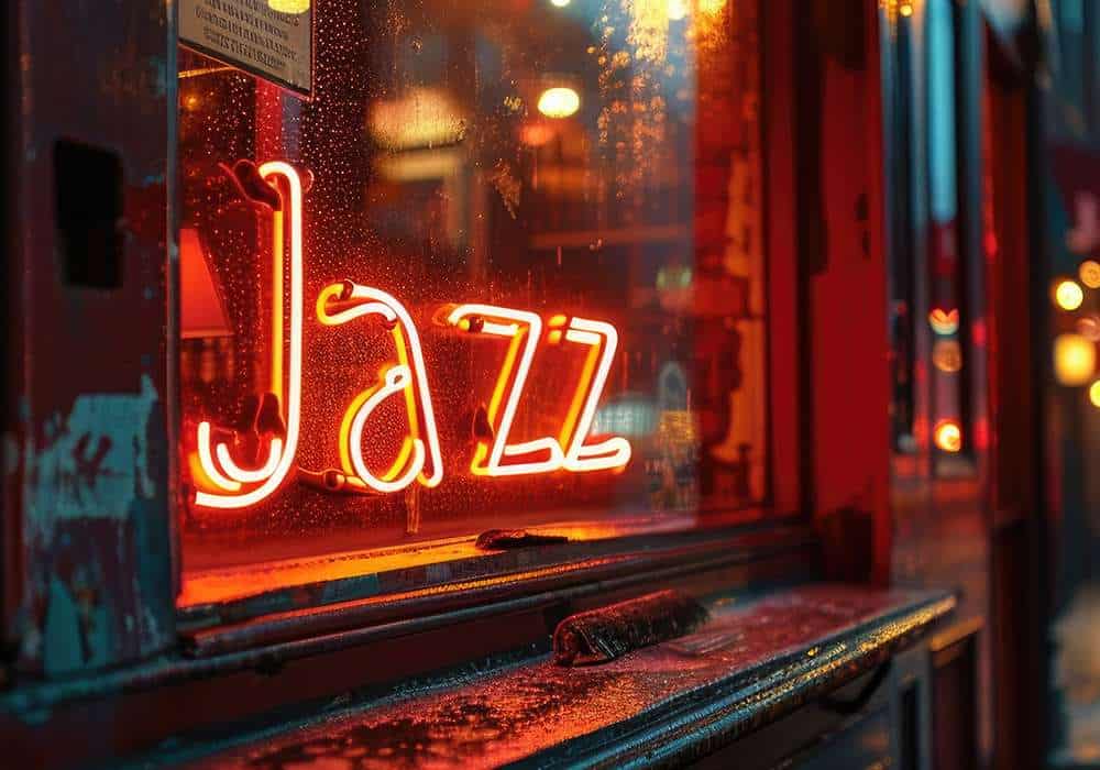 jazz bar window at the evening lights