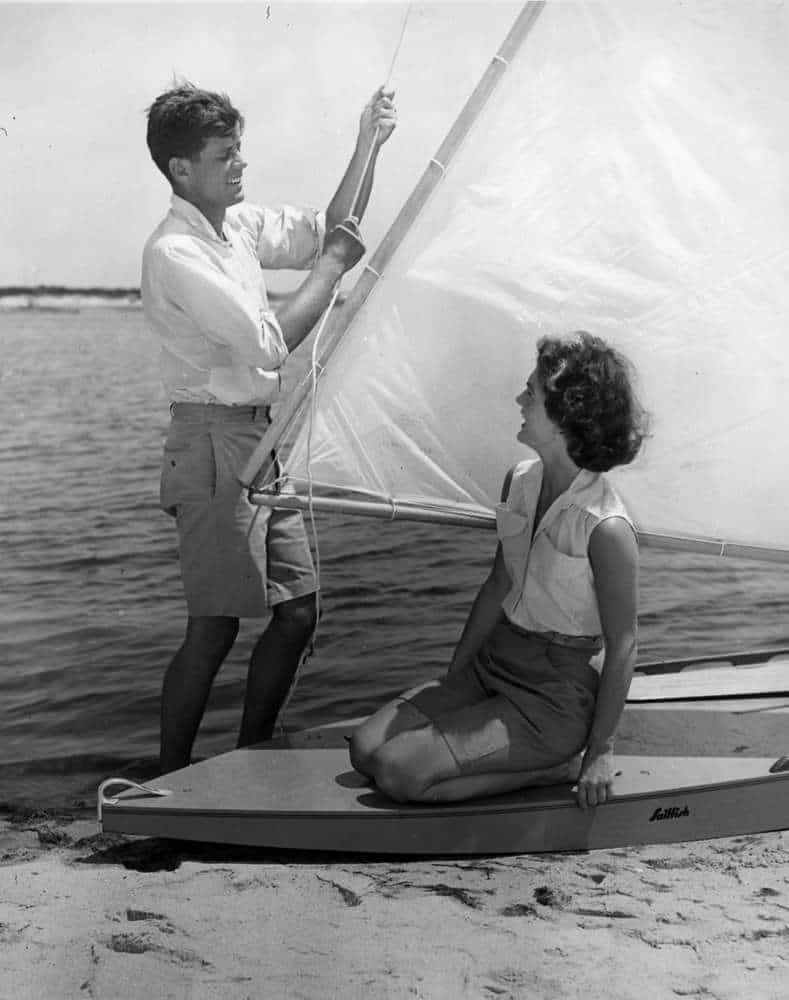 KFC No# Box11 Hyannisport   26-28 June 1953
Senator John F. Kennedy and Jacqueline Bouvier pose on a sailfish boat in Hyannisport on their engagement weekend, 26-28 June 1953. Copyright unknown in the John F. Kennedy Presidential Library and Museum, Boston.